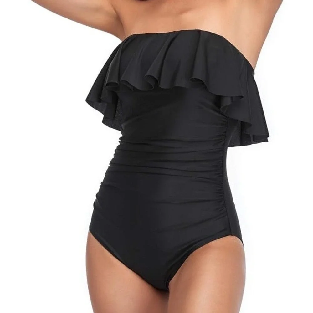 NWT Women's Smismivo‎ One Piece Ruffle Flounce Ruched Swimsuit Black - Small
